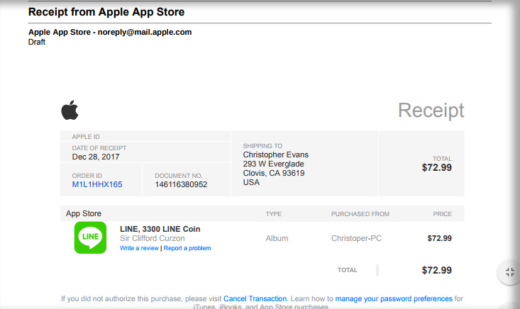 fake receipt from Apple app store